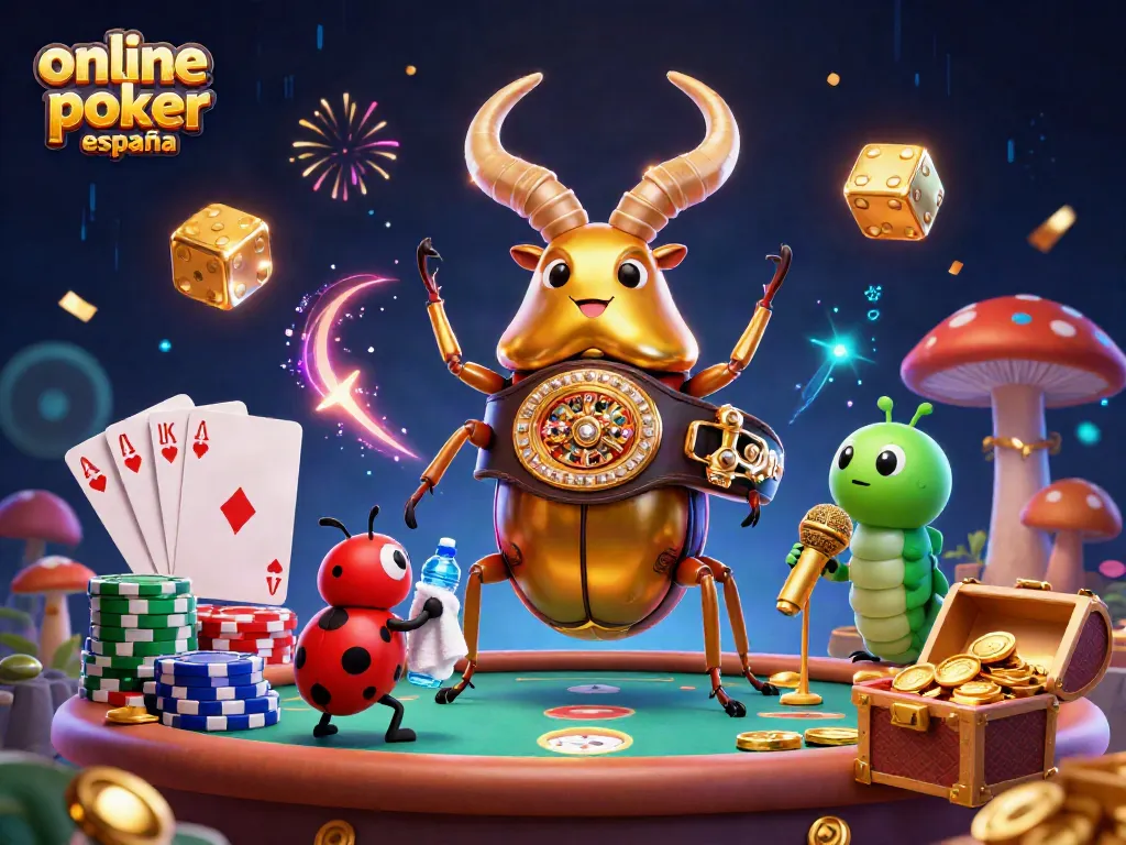 Juega al poker online en España con una ilustración vibrante de un escarabajo dorado y una mesa de póker.