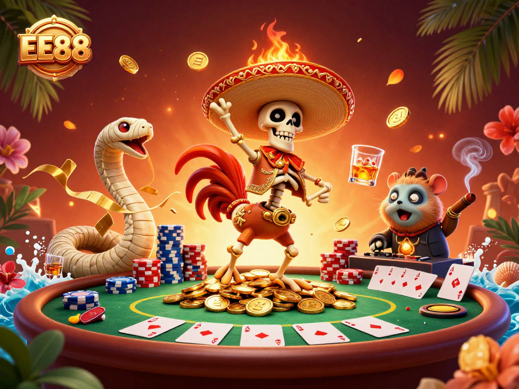 Experience the excitement of EE88 with a vibrant 3D illustration featuring dynamic casino characters and elements.