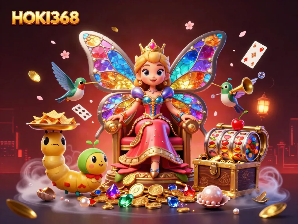Engage in thrilling gameplay with HOKI368 as the animated butterfly queen reigns over dazzling casino elements.
