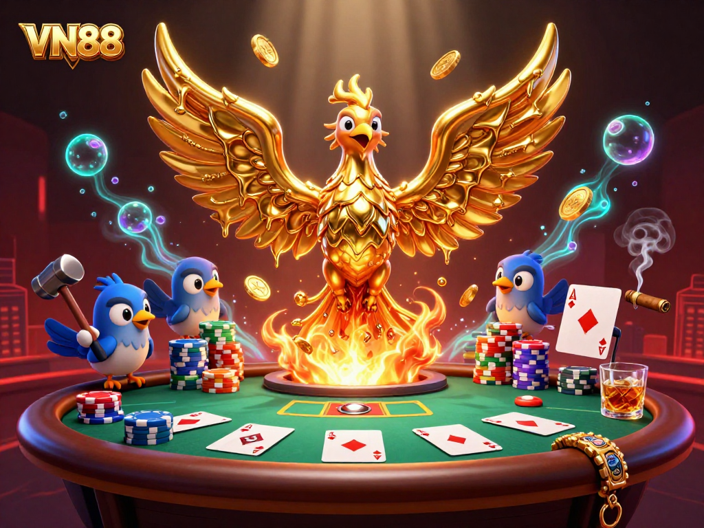 VN88 players enjoy a dynamic gambling scene with gold phoenix, poker elements, and vibrant visuals.