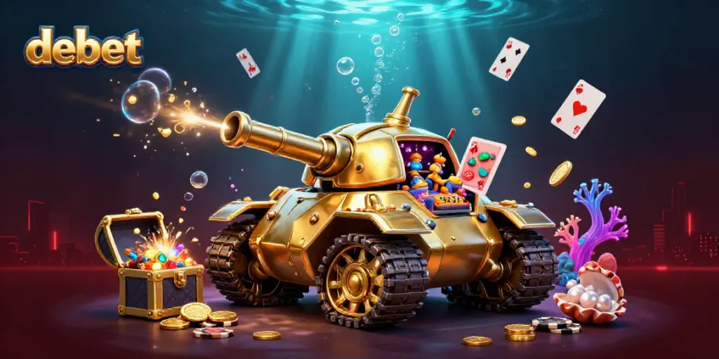 Engage with the debet experience showcasing a golden beetle tank casino under a vibrant sea.