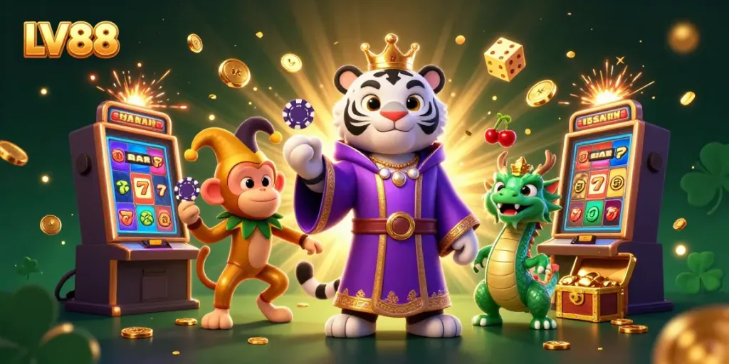 Spin jackpots with LV88 featuring a regal tiger surrounded by vibrant casino elements.