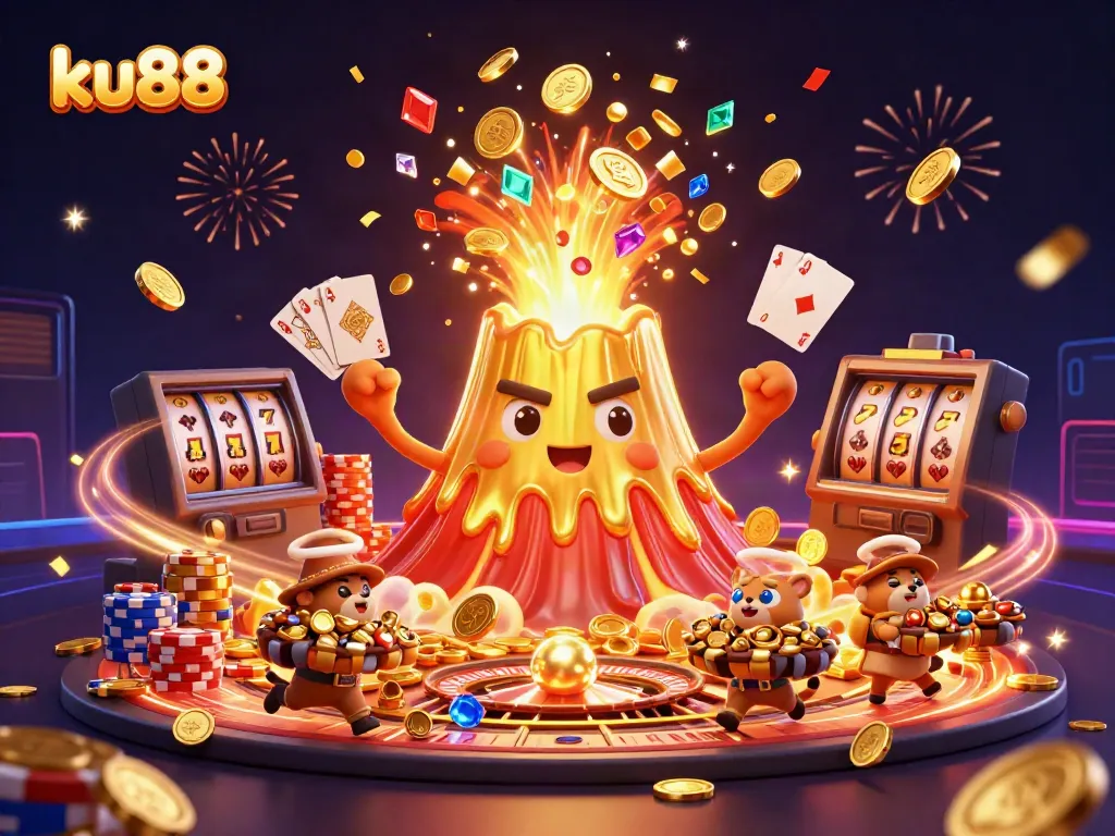 Experience the excitement of ku88 with a vibrant 3D scene filled with a golden volcano, treasures, and casino elements.
