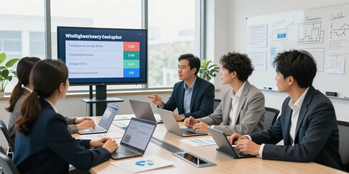 Group of professionals collaborating to switch business energy suppliers in a bright office.