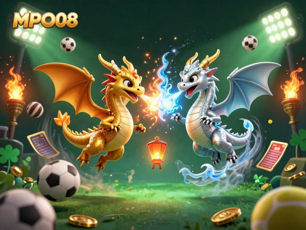 Experience the excitement of MPO08 with interconnected dragons, sports elements, and dynamic energy.