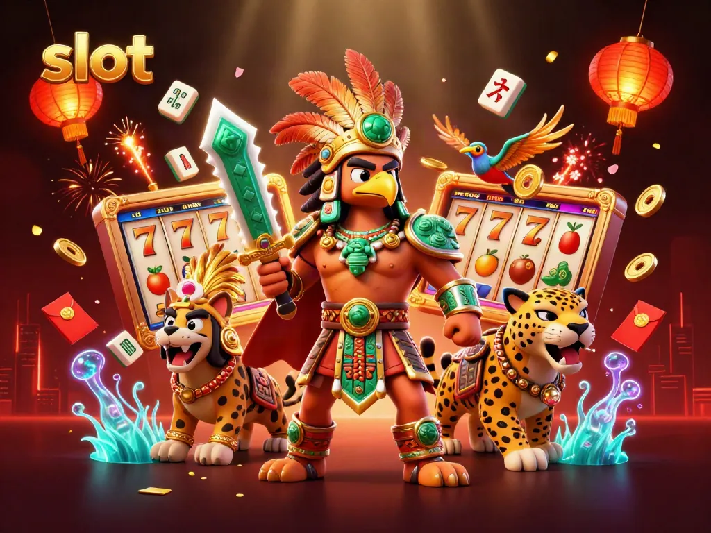 Experience thrilling slot action with Aztec warriors, spinning reels, and vibrant colors in a festive casino scene.