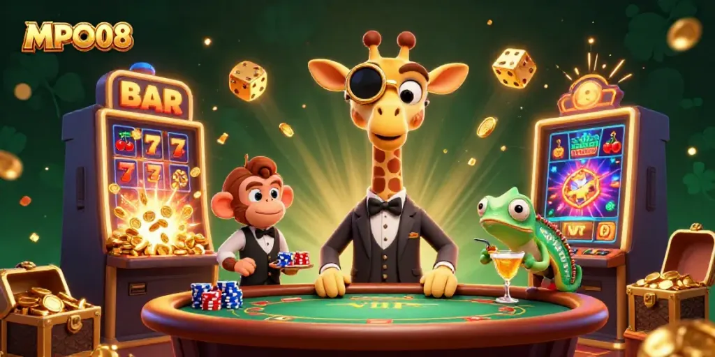 Experience excitement with MPO08 at a lively casino scene featuring a high-roller giraffe and vibrant games.