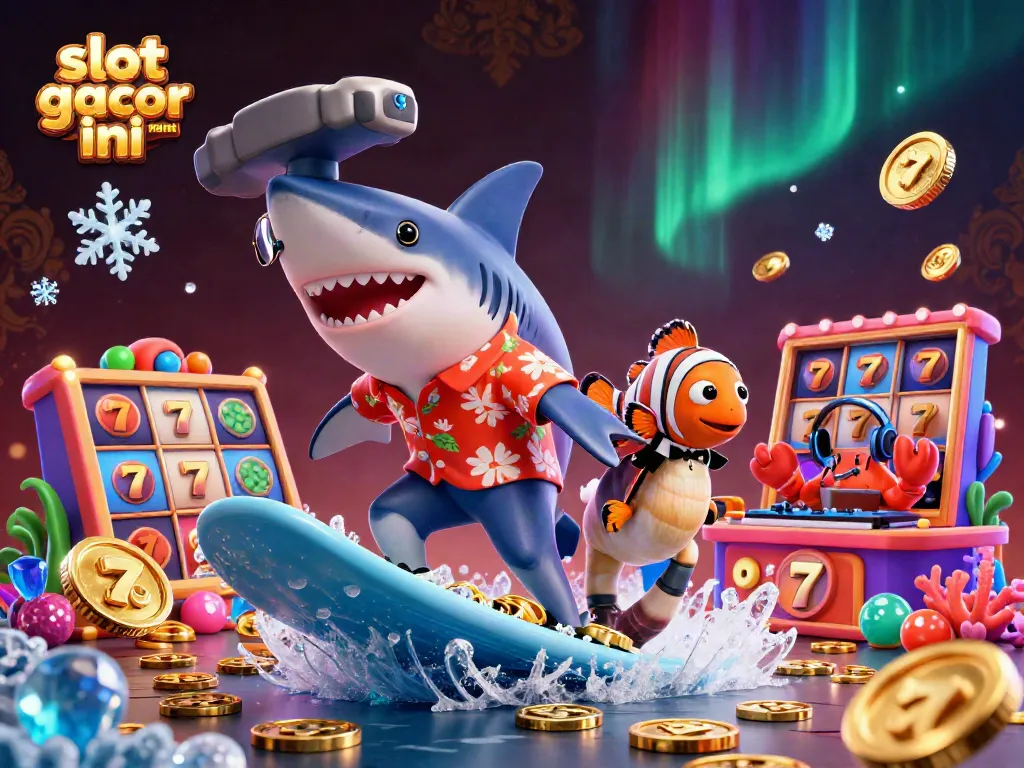 Experience the thrill of slot gacor malma ini as cartoon characters surf through gold coins, depicting vibrant casino action.