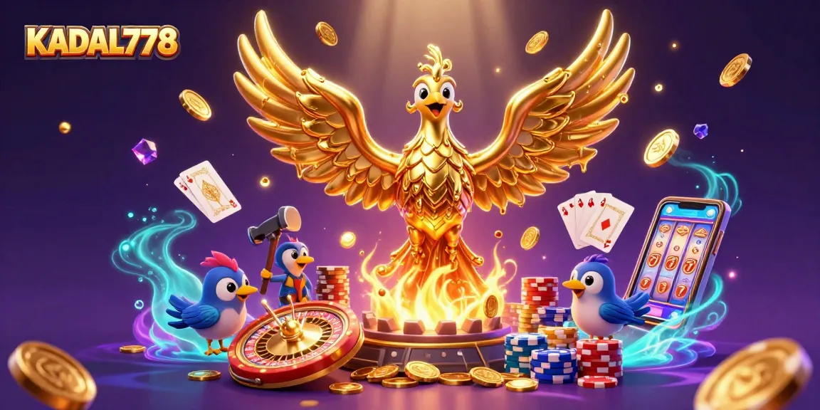 KADAL778 showcases a golden phoenix emerging from a forge, surrounded by dynamic casino elements.