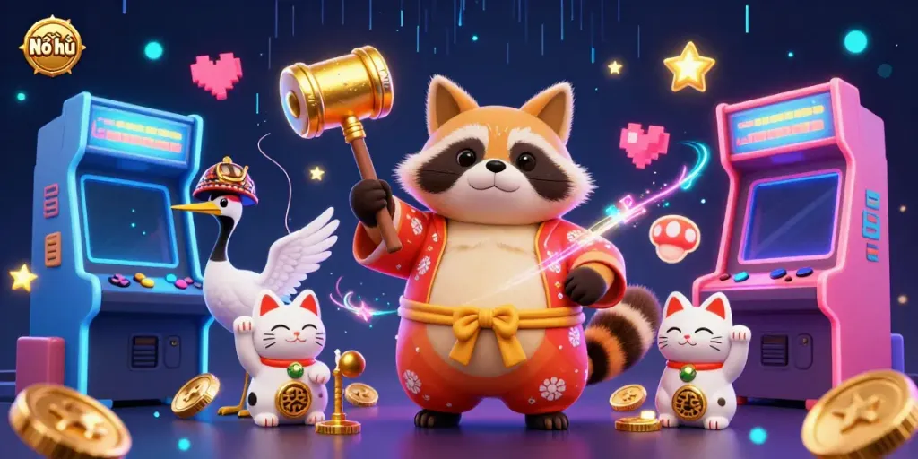 Nổ hũ showcases a cheerful tanuki and friends celebrating jackpot wins in a vibrant casino scene.