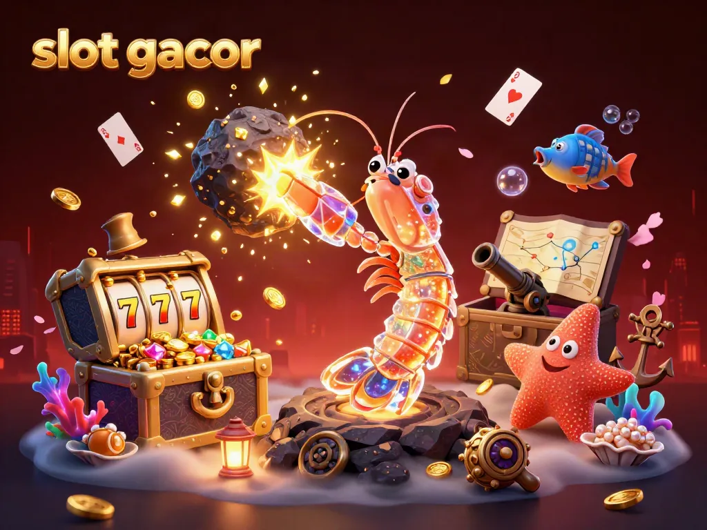 Experience the thrill of slot gacor with a vibrant scene featuring 3D characters amidst treasures and gaming elements.