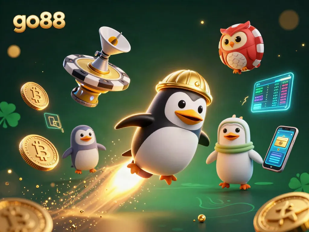 Experience the thrilling go88 casino with a rocket-powered penguin and vibrant game elements!