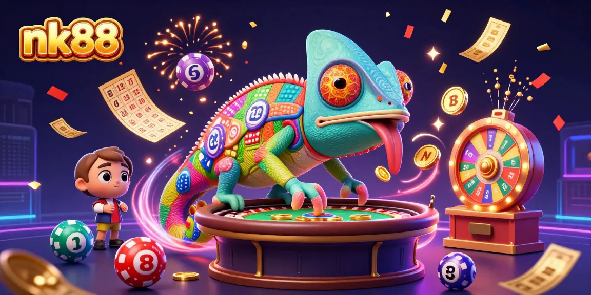 Experience thrilling wins with nk88 as colorful lottery balls and golden tickets animate a vibrant casino scene.