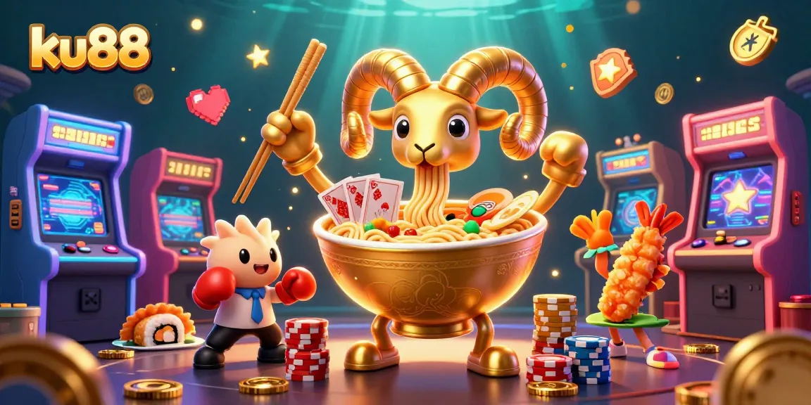 ku88 engaging players with an energetic casino-themed 3D illustration featuring vibrant characters and elements.
