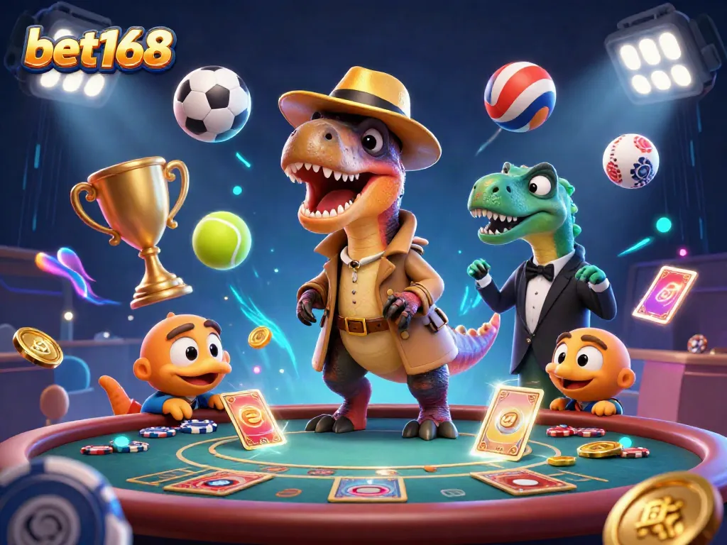 Experience thrilling action with bet168 as a velociraptor card counter and suspicious stegosaurus pit boss at a vibrant casino scene.