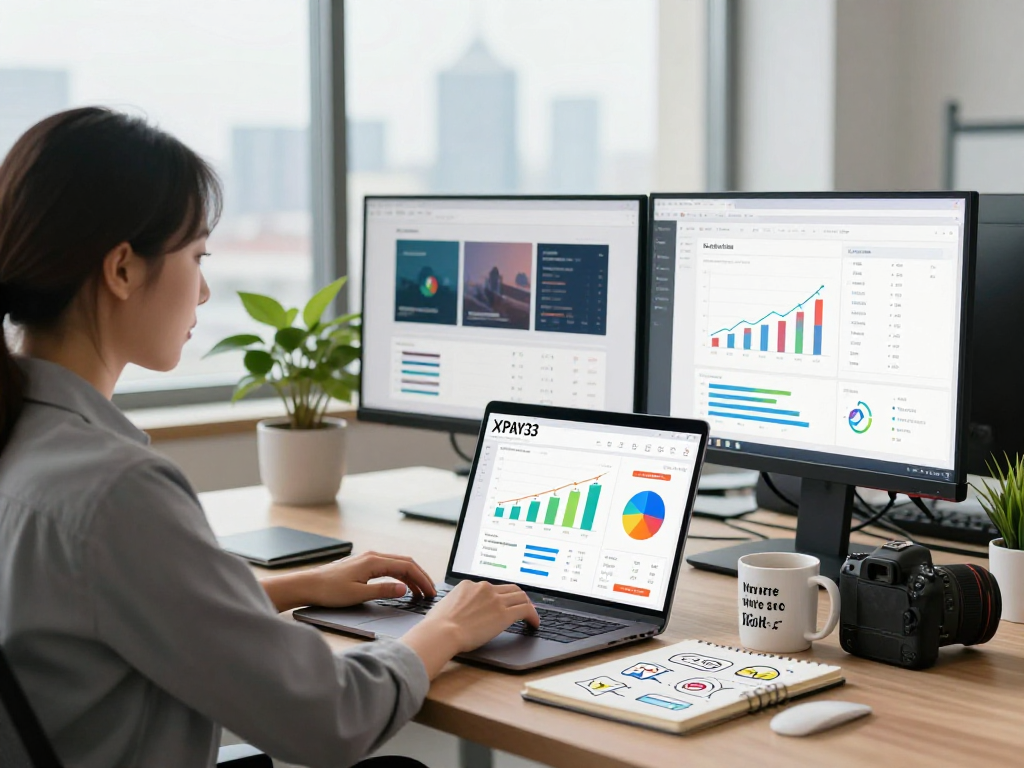 Professional analyzing data on XPAY33 platform in vibrant workspace.