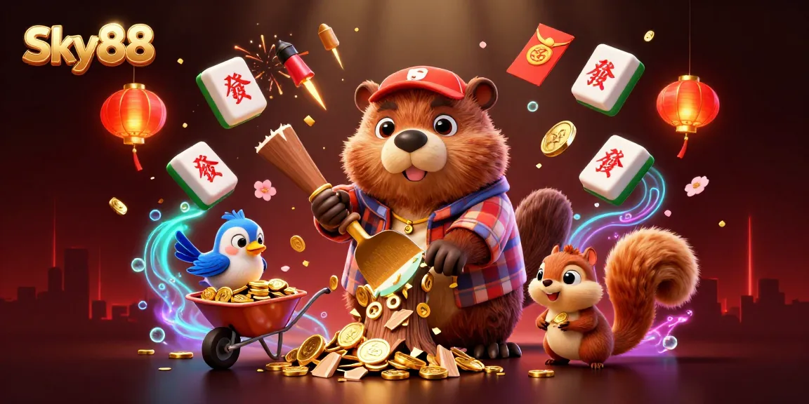 Sky88 showcases a vibrant scene with a cartoon beaver, bird, and squirrel collecting golden coins in an engaging online casino environment.