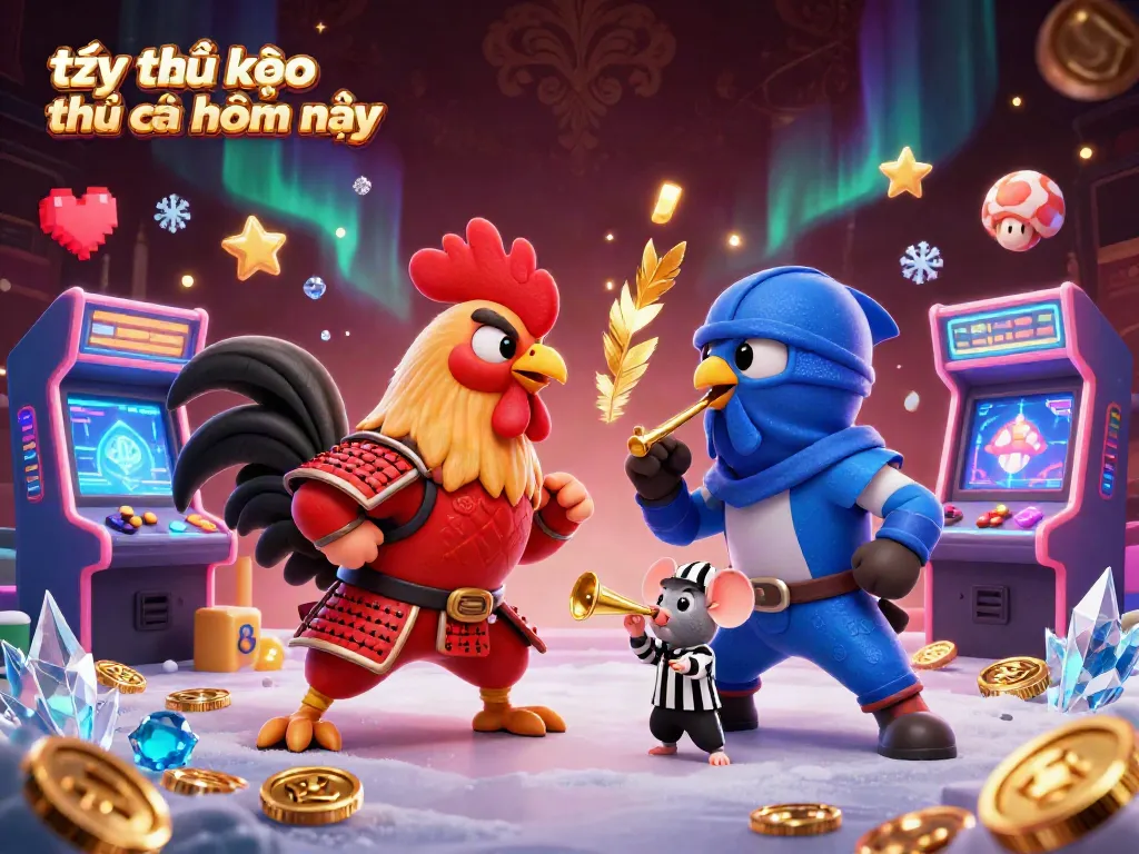 Experience the excitement of tỷ lệ kèo nhà cái hôm nay with a showdown of animated roosters in a casino setting.