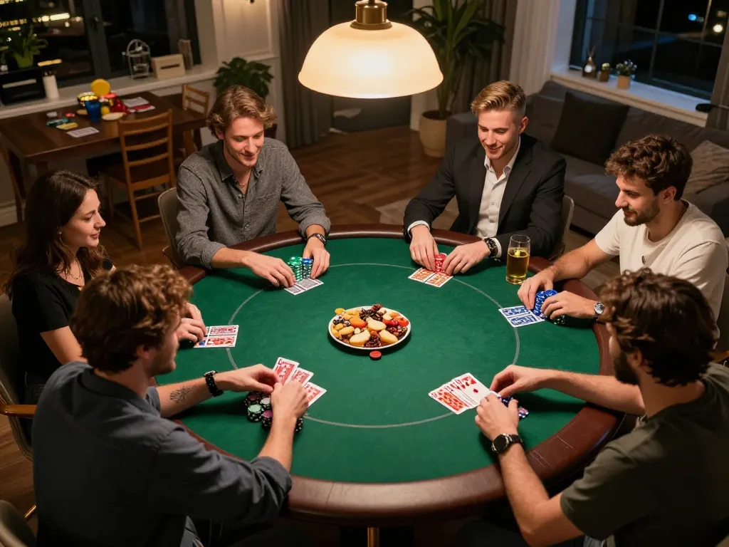Engaging poker night scene with friends enjoying a dynamic game, highlighting nhacaiuytinn's focus on community gameplay.