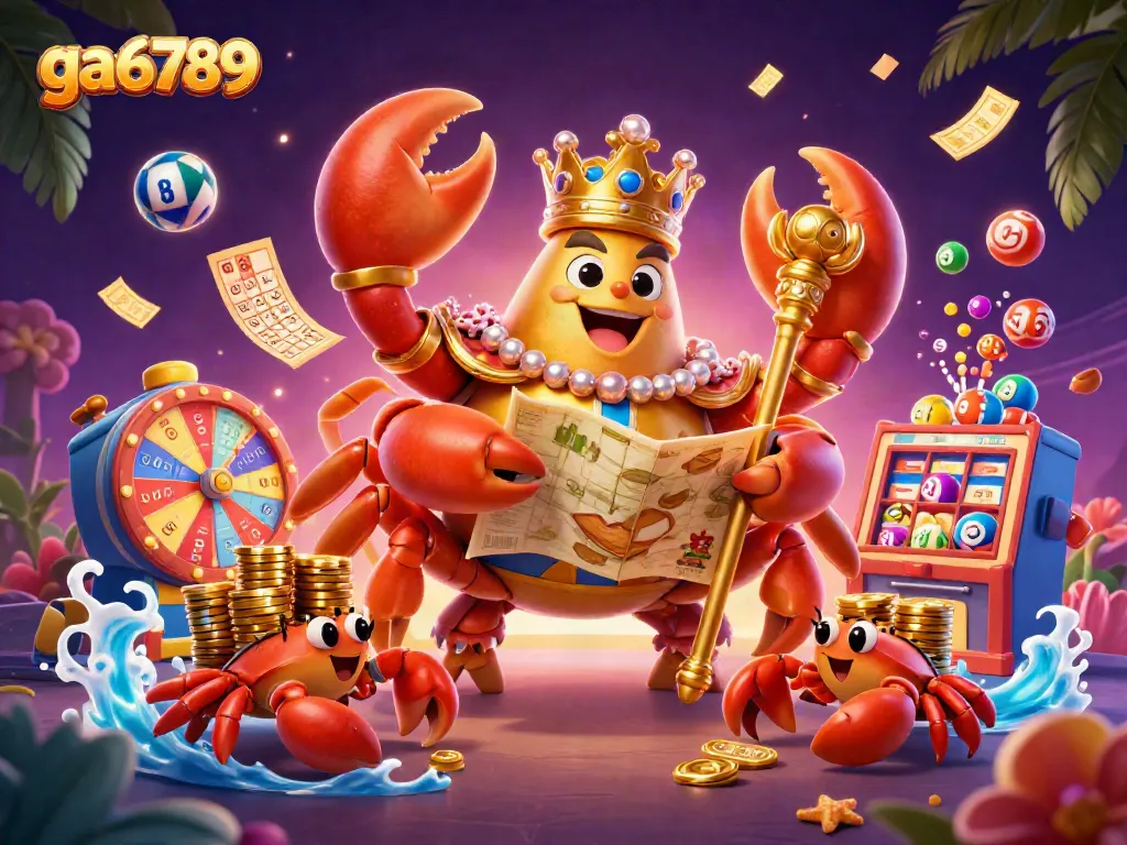 Experience thrilling gaming with ga6789's colorful lottery scene featuring a golden crab emperor.