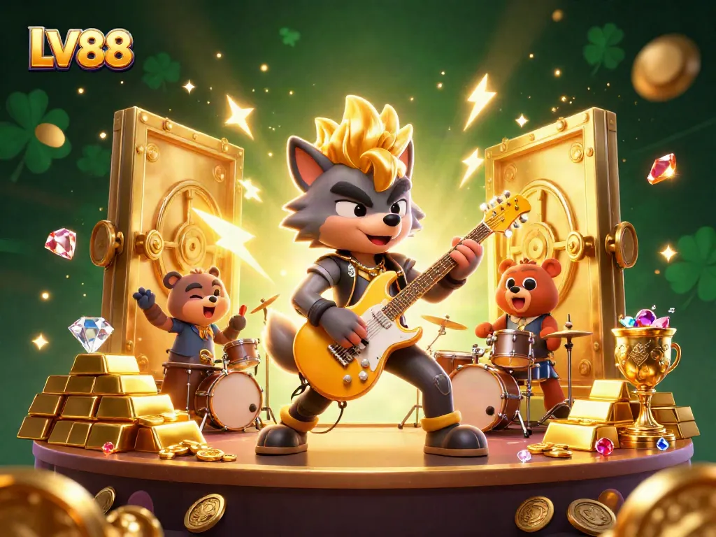 Experience LV88's lively casino atmosphere with a vibrant rock star wolf and thrilling gameplay elements.