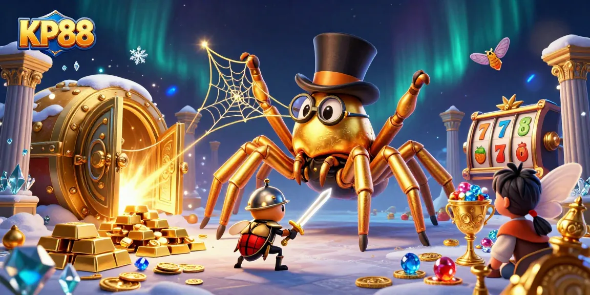 Engage in thrilling experiences with KP88 as a brave knight faces a golden tarantula in a vibrant casino