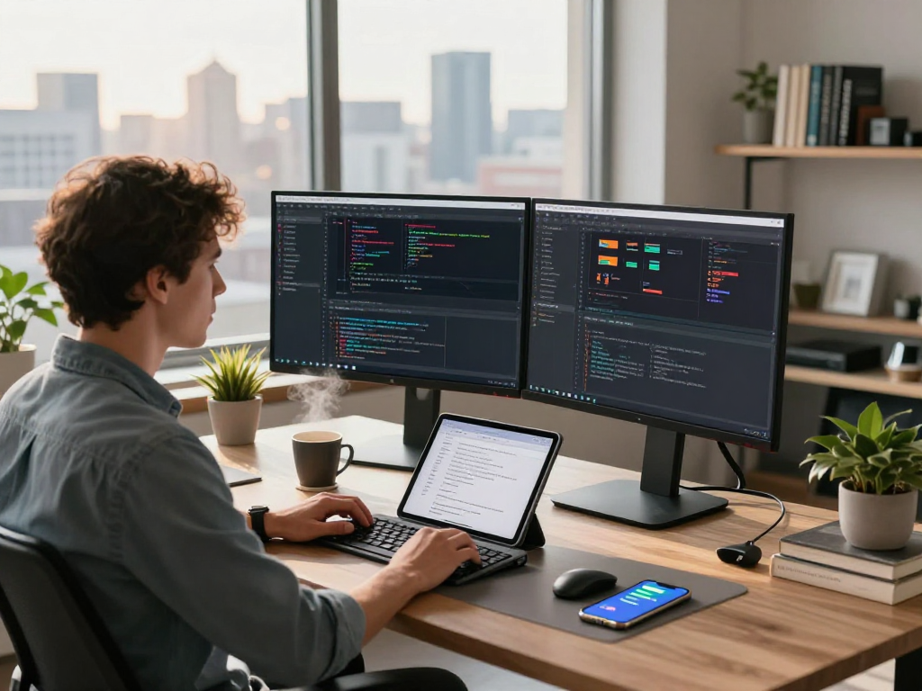 WPS Office下载软件开发工作环境，程序员专注于代码的双屏幕显示，现代办公室氛围。