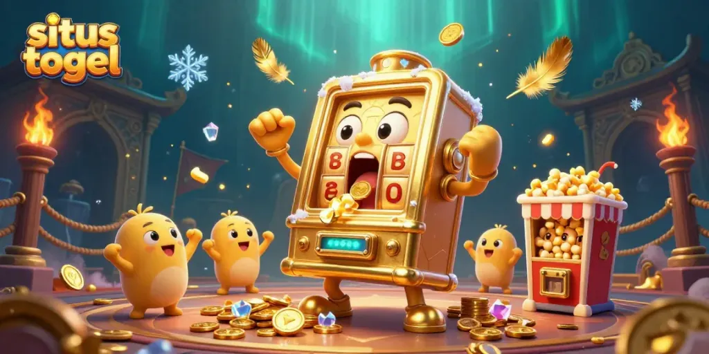 Experience situs togel excitement with a golden slot machine celebrating a jackpot, surrounded by cheering machines.
