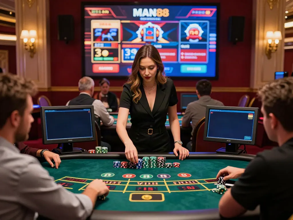 Live casino scene at MAN88 showing professional dealer and engaged players in an immersive gaming experience.