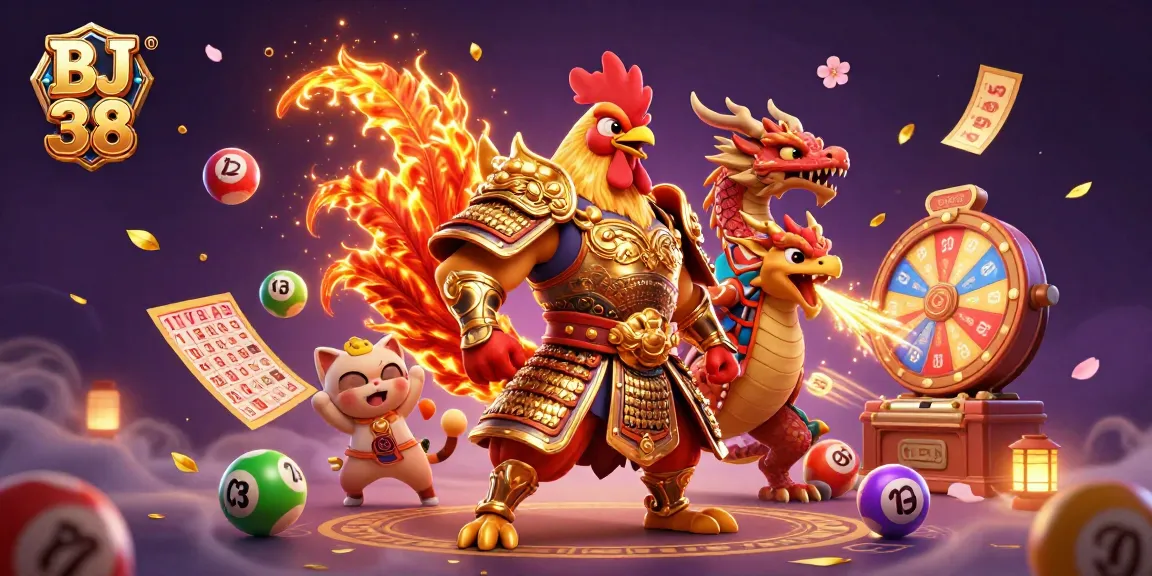Engage in thrilling action with BJ 38's fighting rooster and dragon in a dynamic gaming scene.