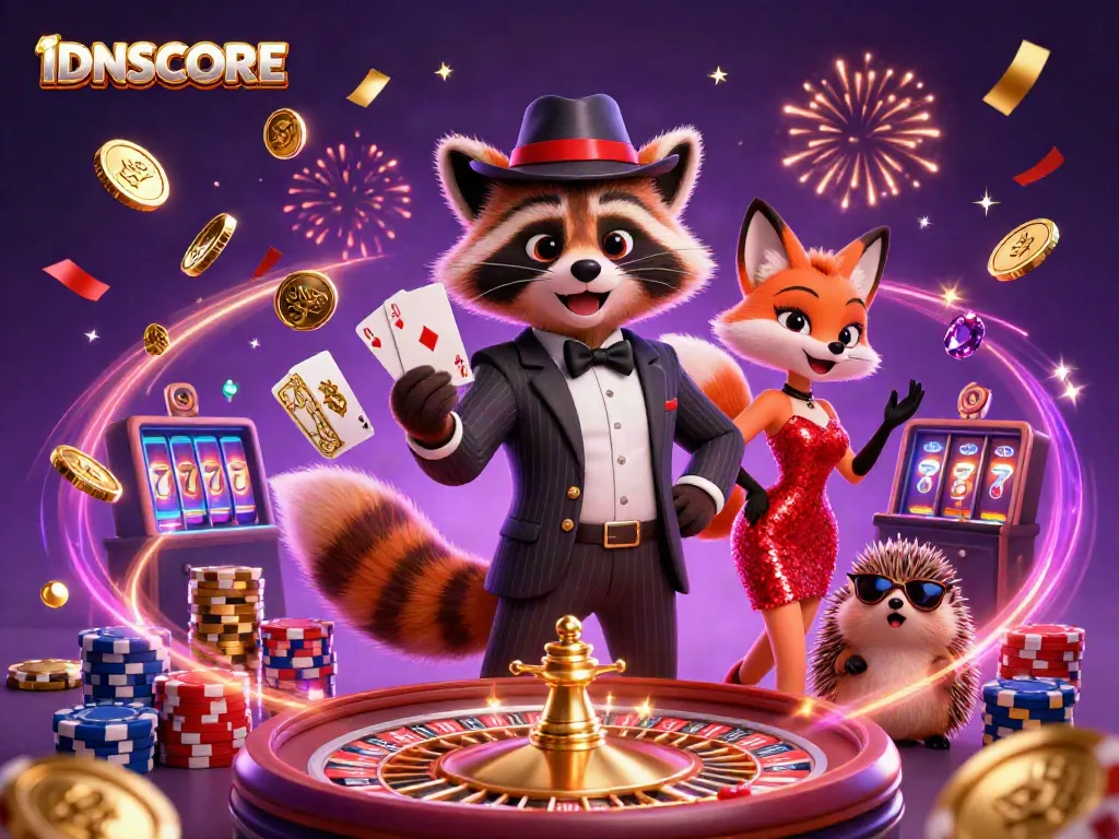 Play exciting casino games at IDNSCORE with vibrant characters, royal flush cards, and dynamic casino elements.
