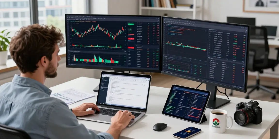 Developer at a modern workspace analyzing Germany stock real-time API data with dual screens and coding software.