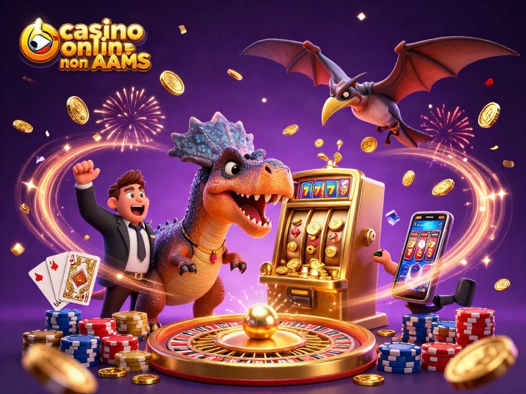 I migliori casino online non AAMS festeggiano con una slot machine dorata e dinosauri giocosi, mentre volano monete d'oro