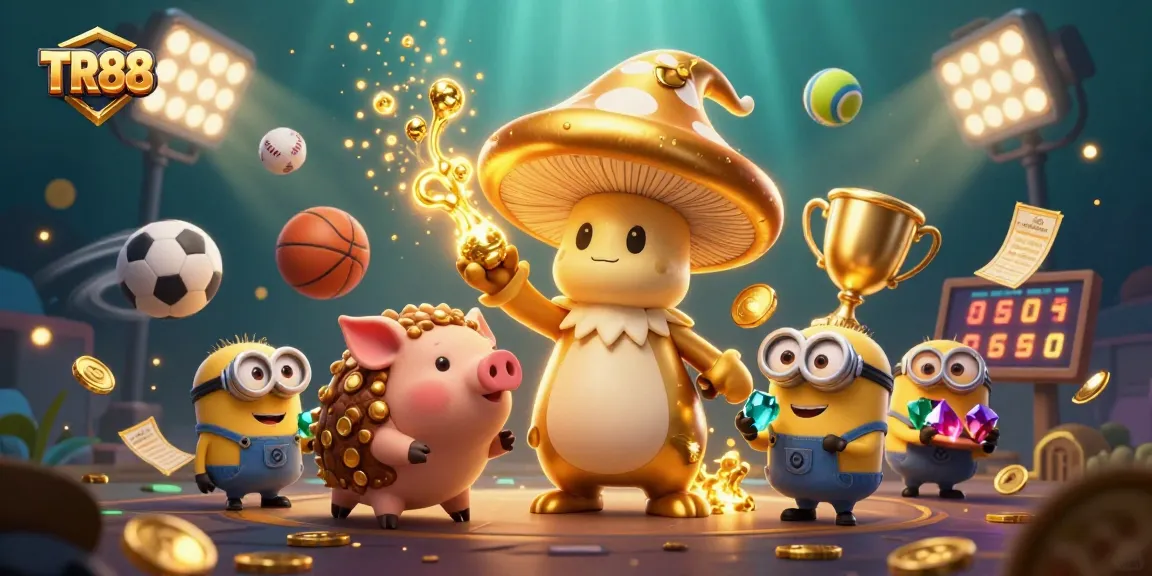 Engage with the magic of TR88 as golden treasures and vibrant games unfold in a dynamic casino scene.