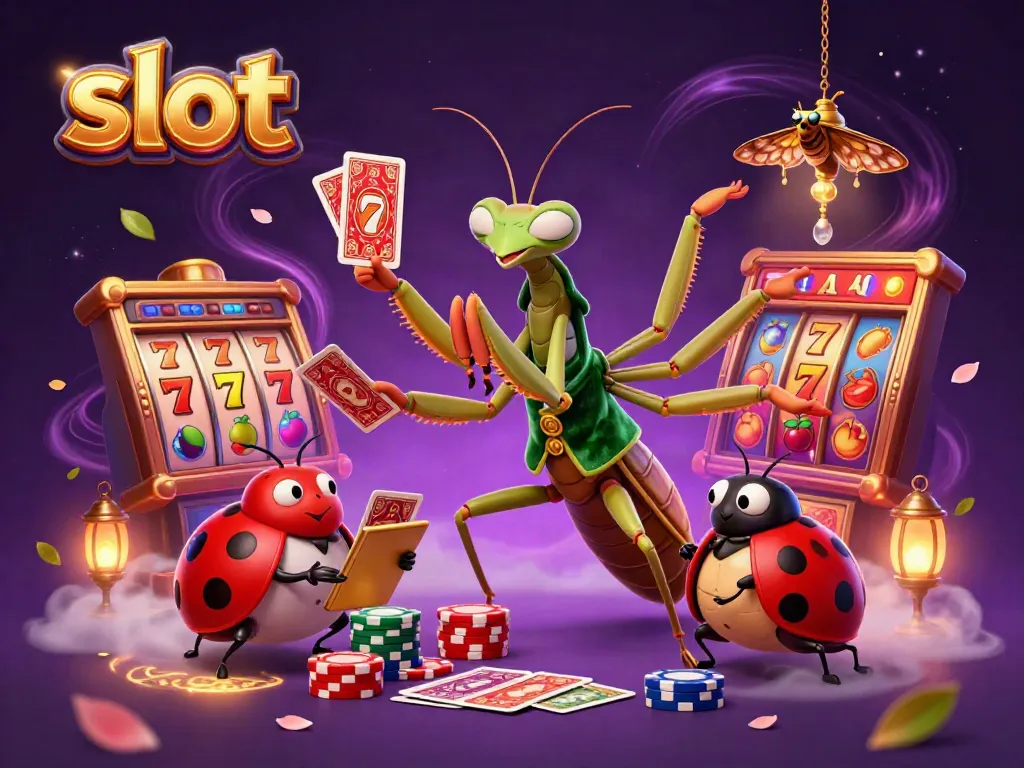Engaging slot-themed scene with a praying mantis card sharp and ladybug pit boss amidst dynamic game elements.