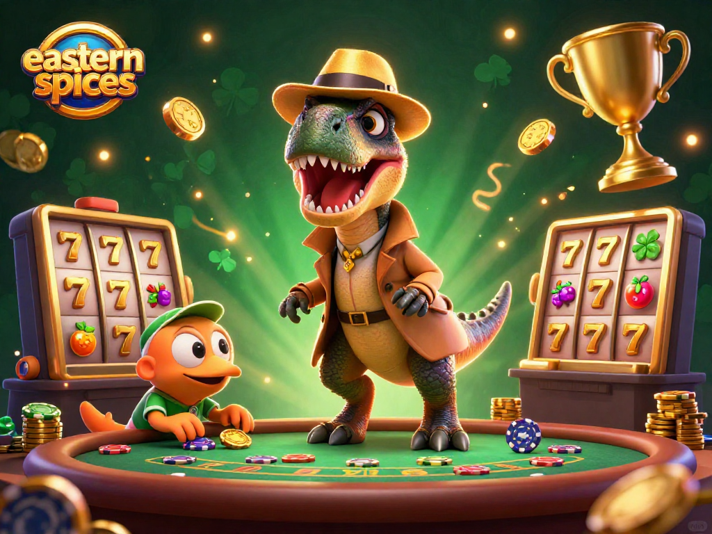 Spin and win with easternspices at a vibrant slot table featuring cartoon dinosaurs in a thrilling casino scene.