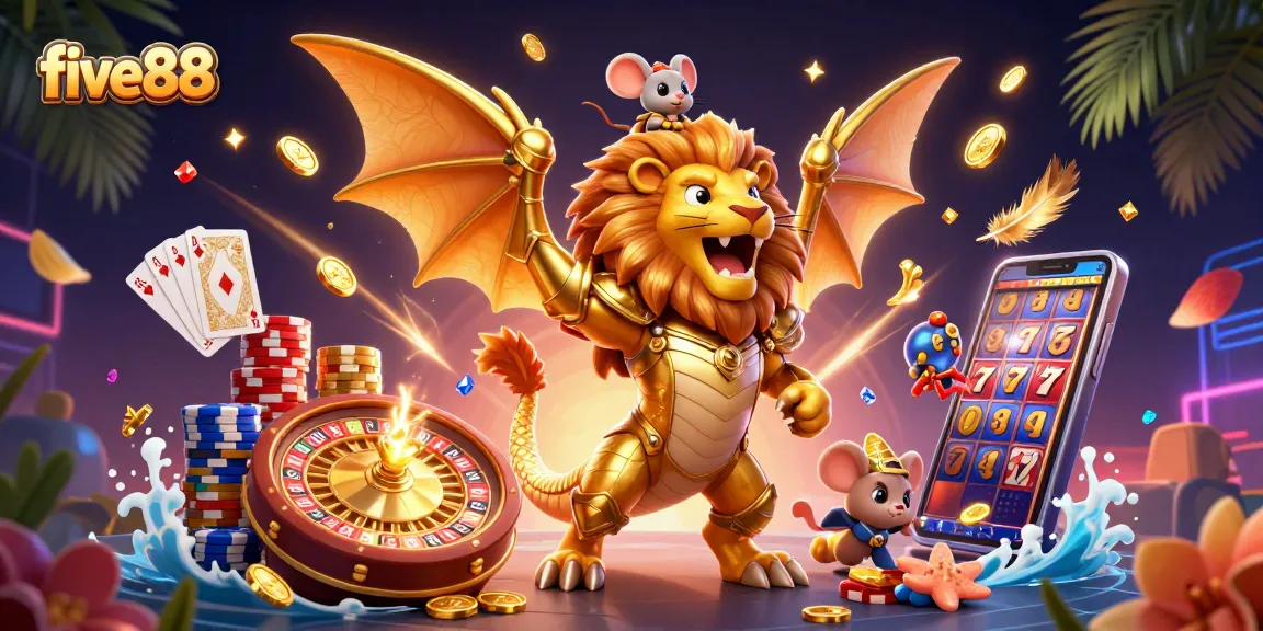 Experience five88's vibrant casino scene with a roaring chimera and dazzling games in 3D.
