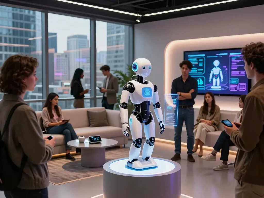 Exploring AI sex technology in a contemporary showroom with diverse interactions.