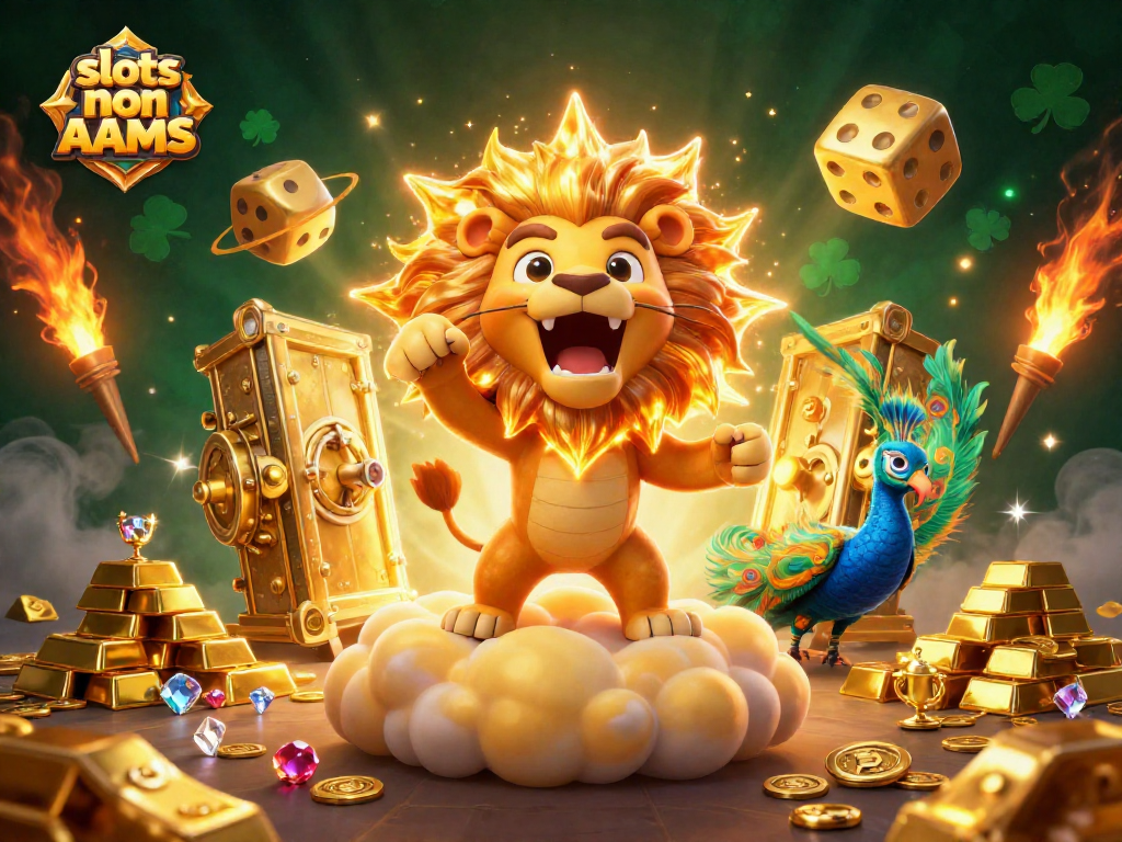 Gioca a slots non AAMS e vinci riconoscendo i tesori dei casinò online con un leone solare trionfante.