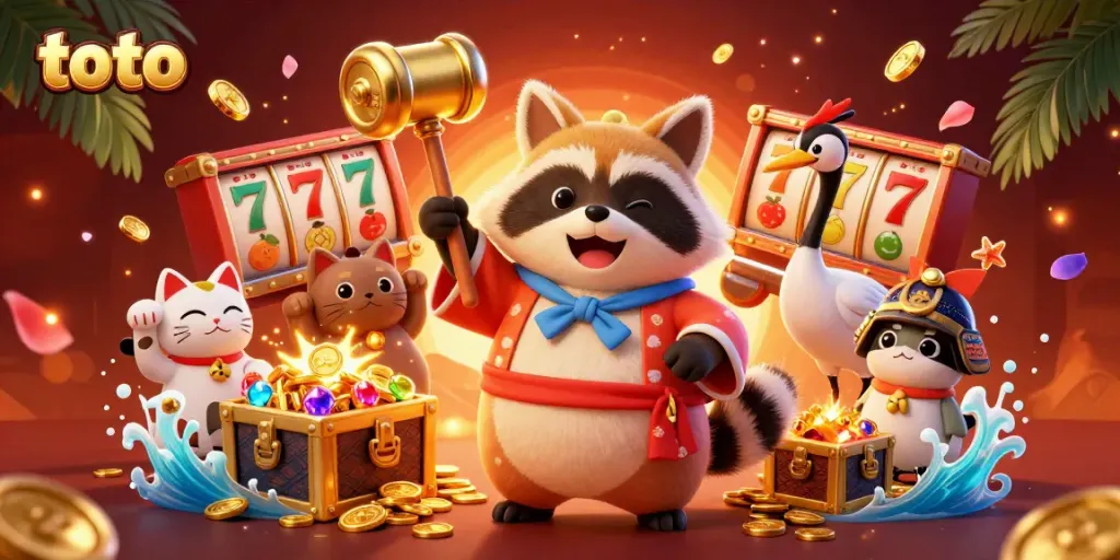 Toto-themed casino illustration with lively characters and vibrant game elements.