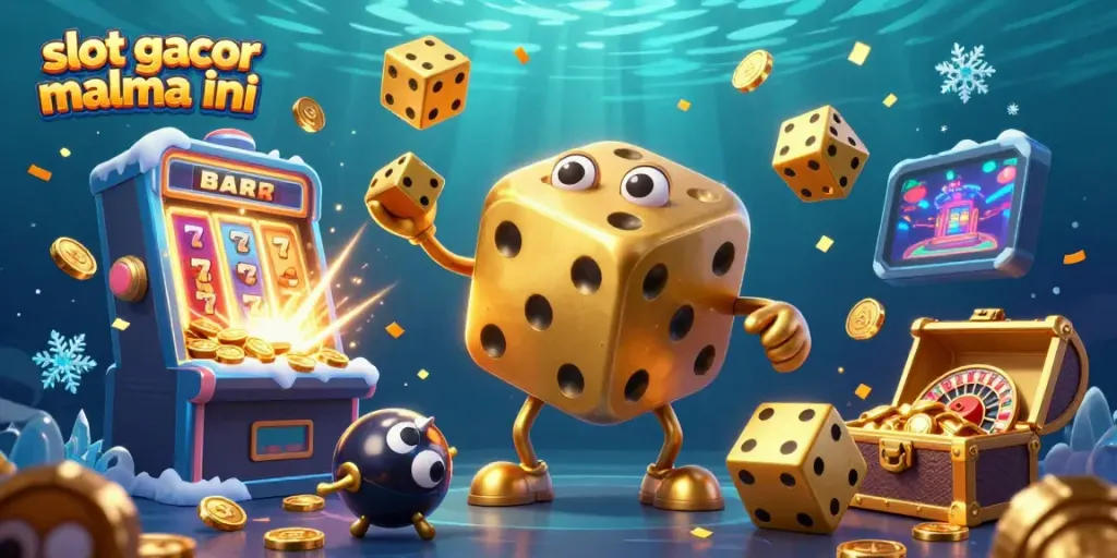 Engage in vibrant games with the slot gacor malma ini, featuring a dynamic 3D scene of golden dice, slot machines, and casino elements.