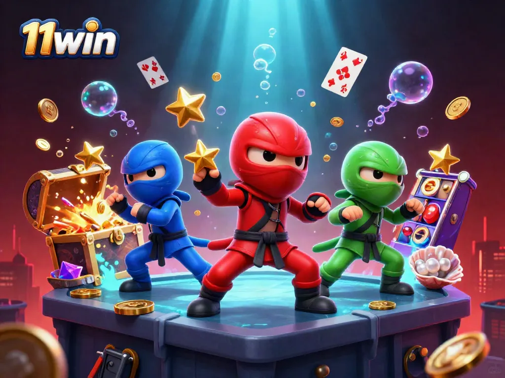Experience exhilarating moments at 11win with a 3D ninja chameleon team and vibrant casino elements.