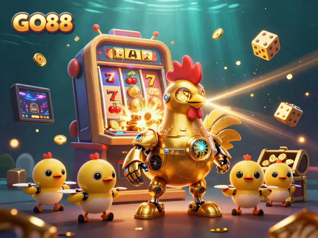 Experience thrilling gaming at GO88 with a dynamic 3D scene of a golden rooster robot amidst exploding jackpots