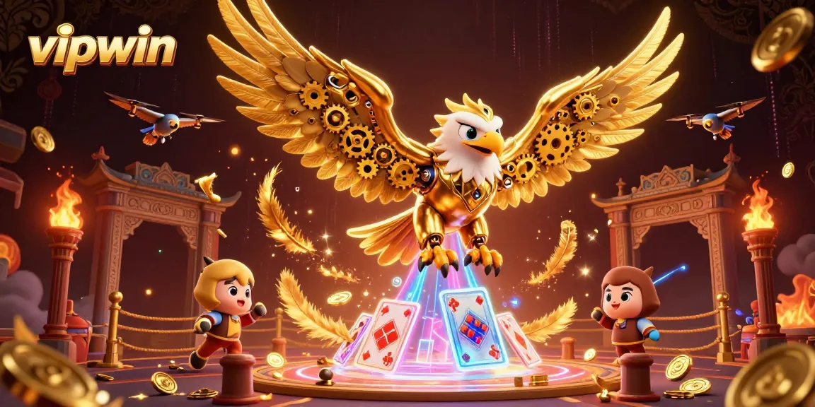 Experience the thrill of vipwin with a dynamic 3D illustration of a cybernetic eagle amidst vibrant casino elements.