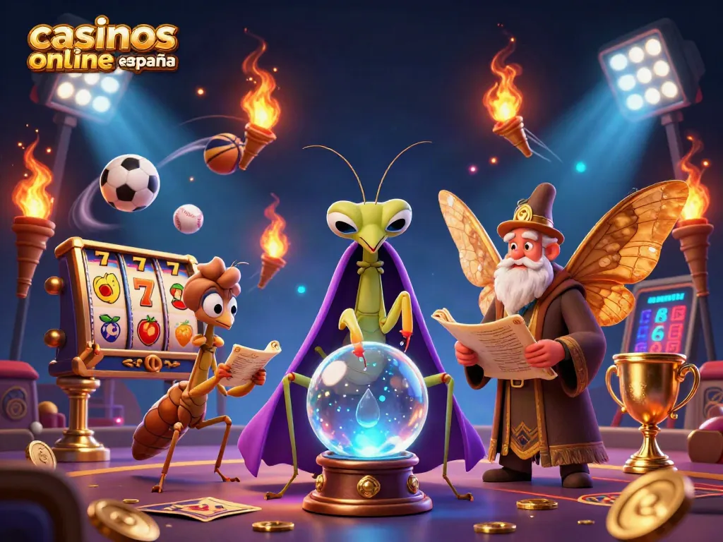 Disfruta de los emocionantes casinos online de España con una ilustración vibrante de personajes místicos y elementos de juegos de azar.