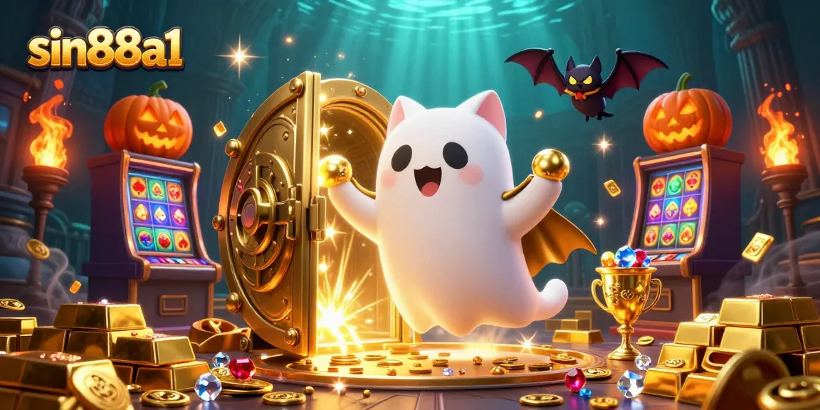 Join the action at sin88a1 with a ghost cat and bat in a vibrant casino adventure.