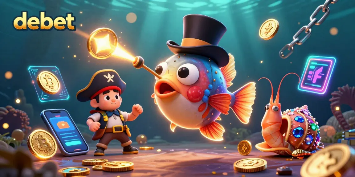 Engage with debet through a cinematic underwater casino scene featuring whimsical creatures and glowing crypto coins.