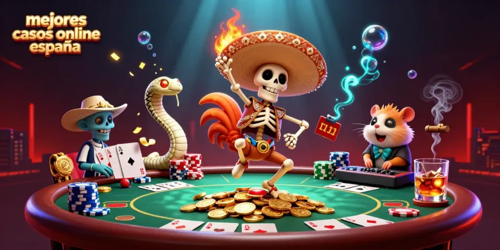 Disfruta de los mejores casinos online en España con una ilustración vibrante de un mariachí y un casino lleno de acción.