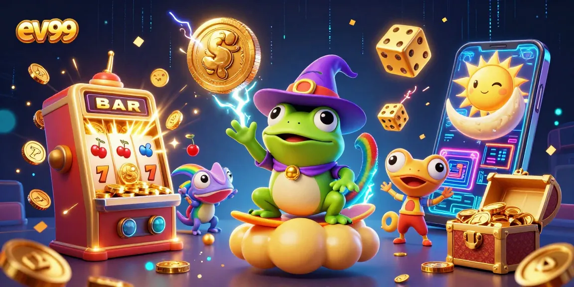 ev99 captivates players with a magical scene showcasing a wizard frog and chameleon amidst a jackpot explosion.