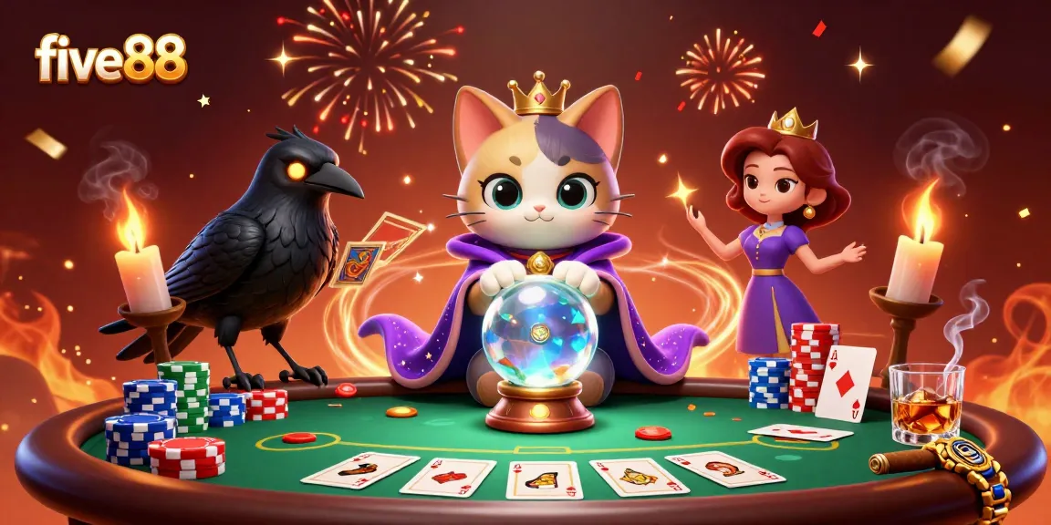 Engage with five88's captivating casino world through a vibrant 3D illustration featuring mystical characters and poker elements.